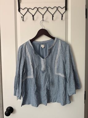 Light Blue Embroidered V-Neck Peasant Top